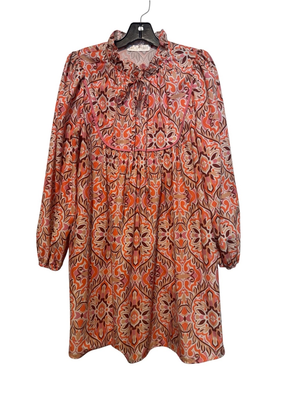 Long-Sleeve Ruffled Tie-Neck Dress in Pink and Orange Paisley